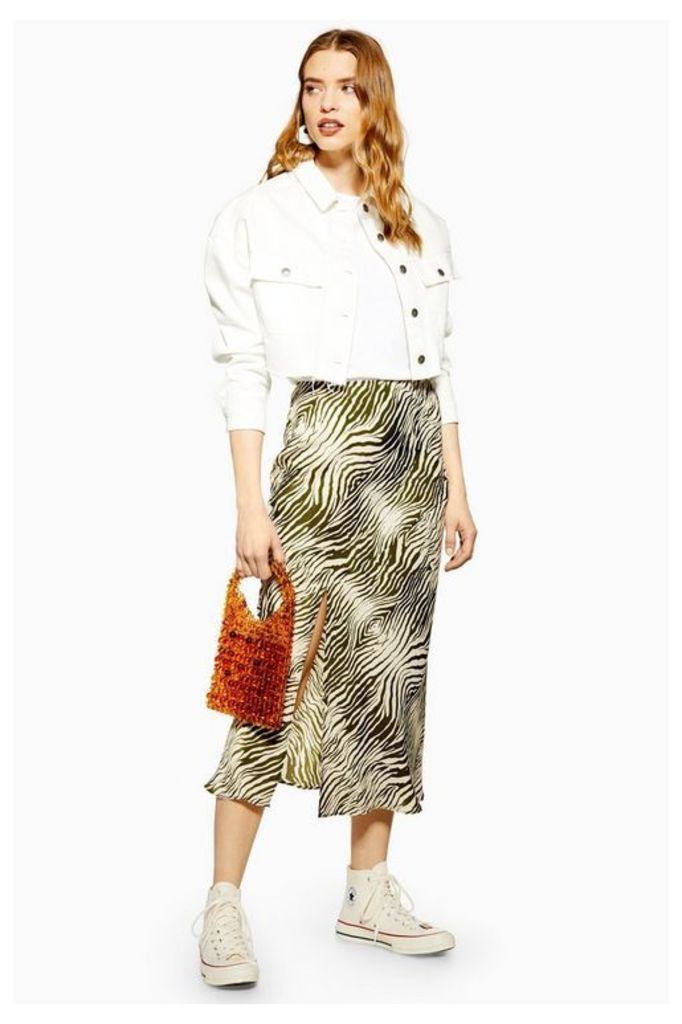 Womens Zebra Print Satin Bias Midi Skirt - Khaki, Khaki