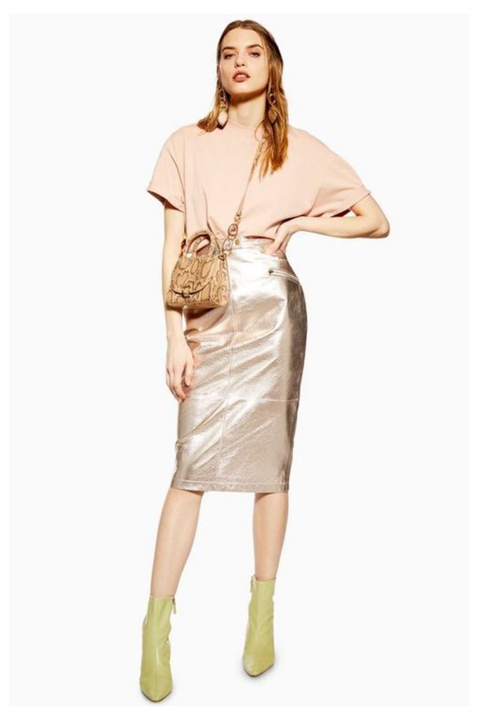 Womens Metallic Leather Pencil Skirt - Champagne, Champagne