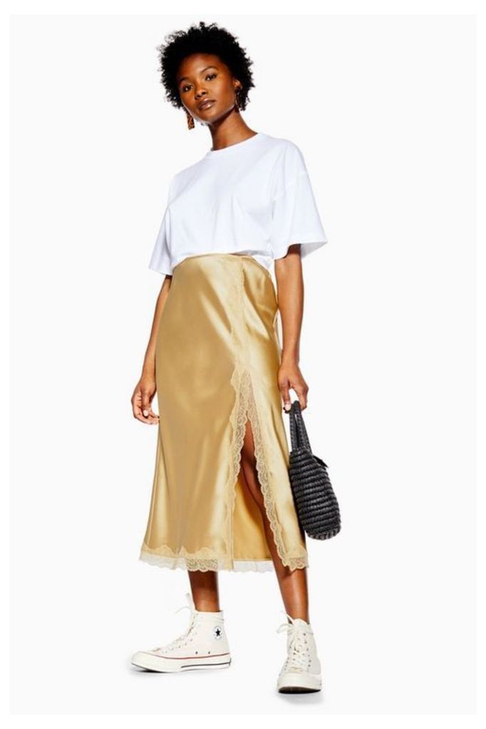 Womens Petite Gold Lace Trim Bias Satin Skirt - Gold, Gold