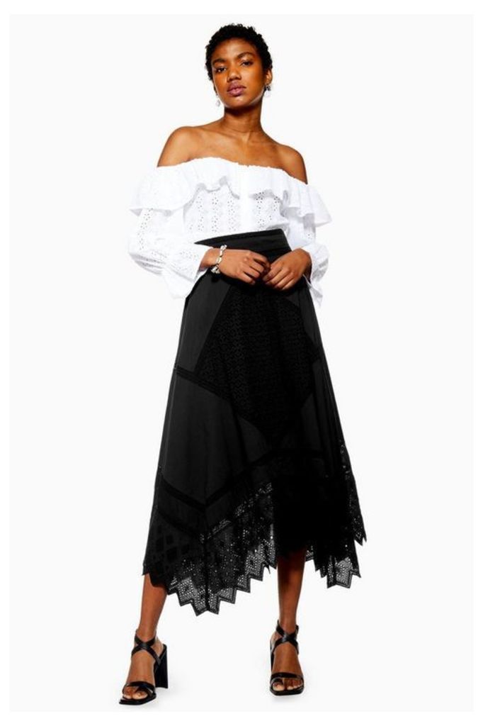 Womens Mixed Broderie Midi Skirt - Black, Black