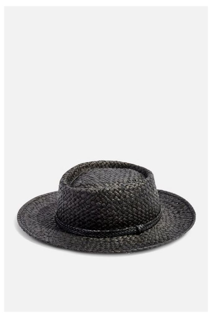 Womens Straw Flat Top Hat - Black, Black