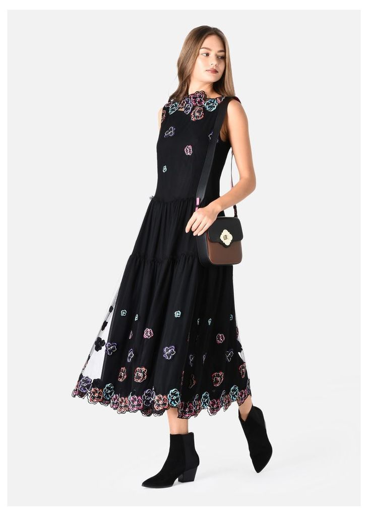 OFFICIAL STORE EMPORIO ARMANI LONG CREW NECK DRESS IN TULLE WITH FLORAL EMBROIDERY