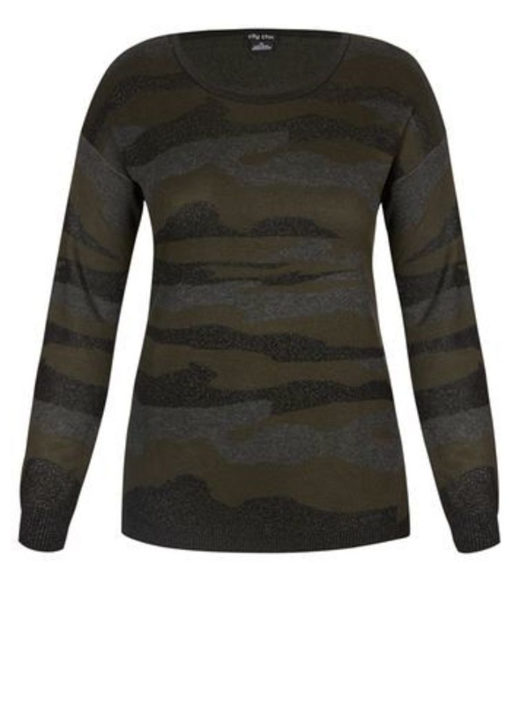 City Chic Camouflage Jumper, Olive