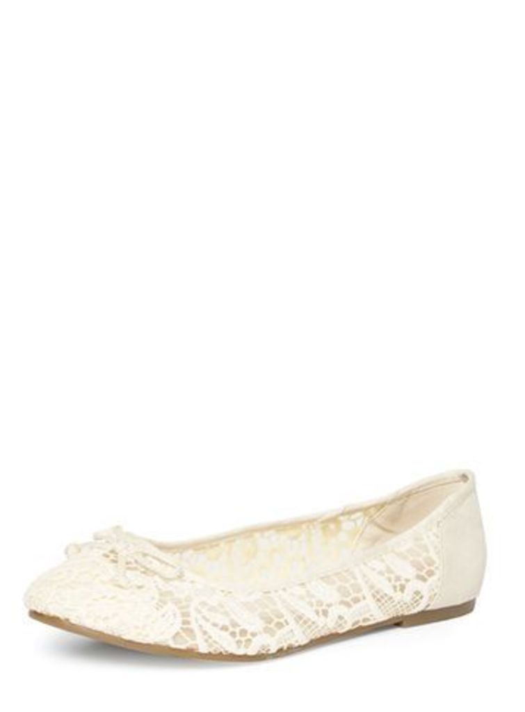 Ivory Lace Bow Ballet Pumps, Ivory