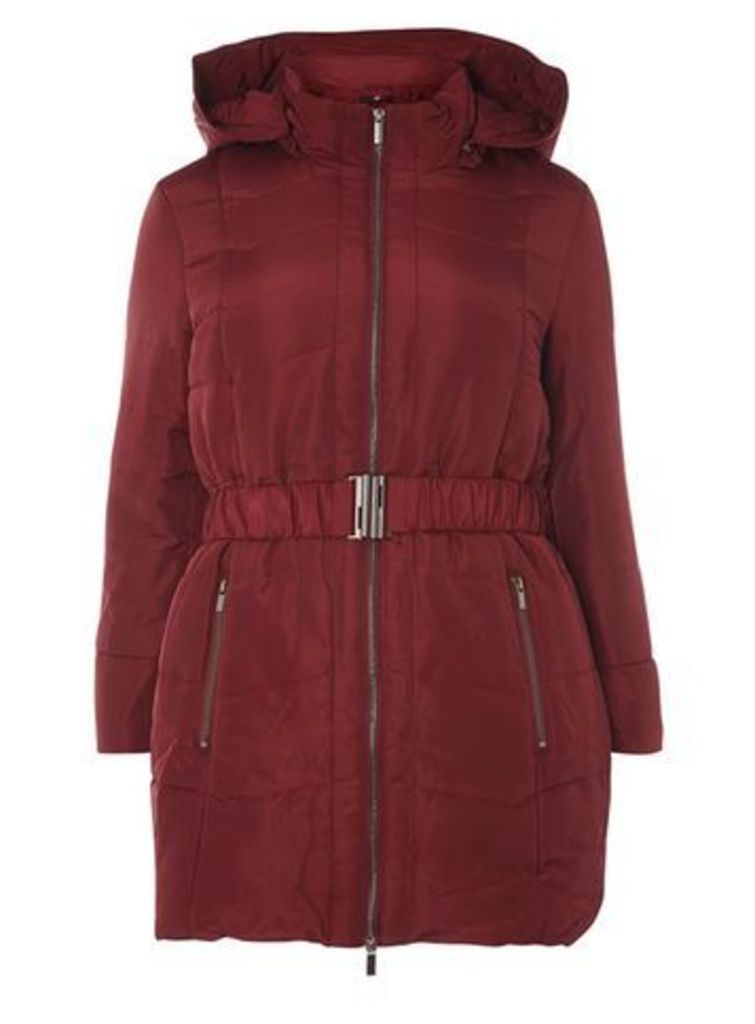 Wine Red Belted Padded Coat, Red
