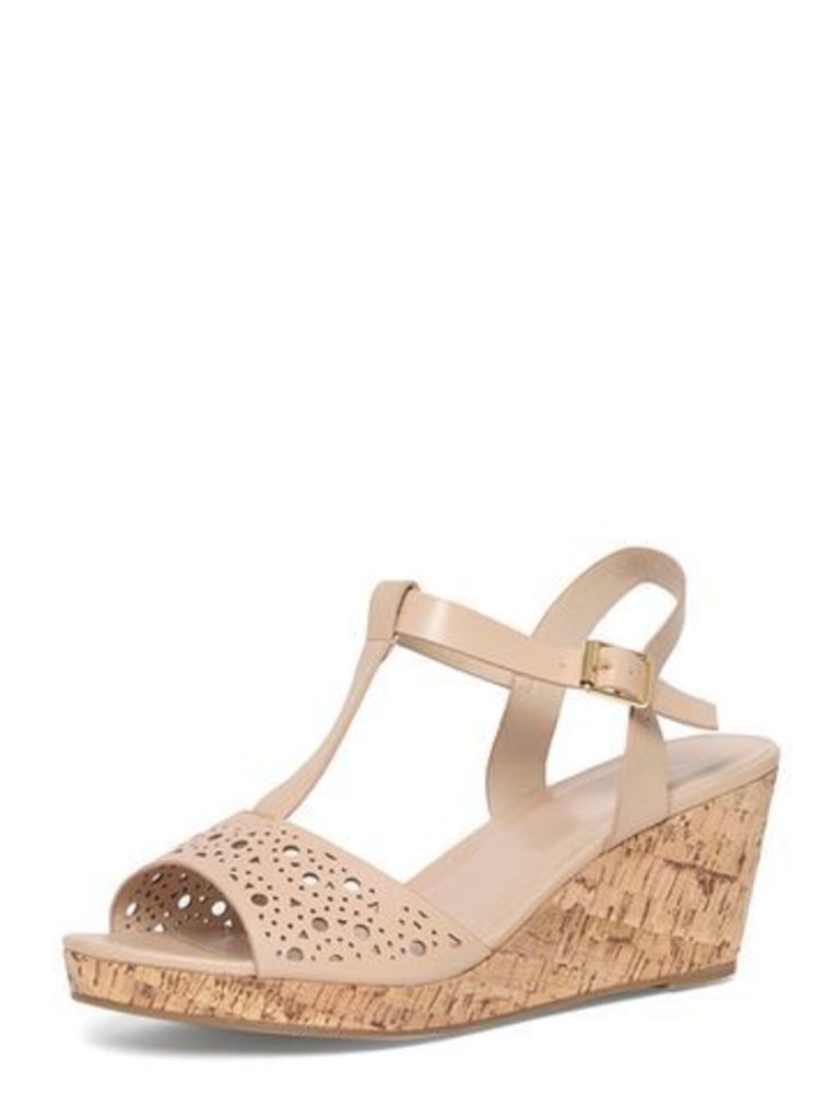 Nude T-Bar Punch Out Wedge Sandals, Nude