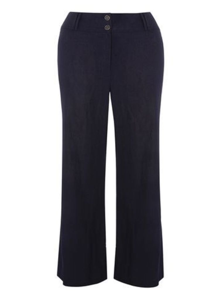 Navy Blue Pear Fit Linen Blend Wide Leg Trousers, Navy