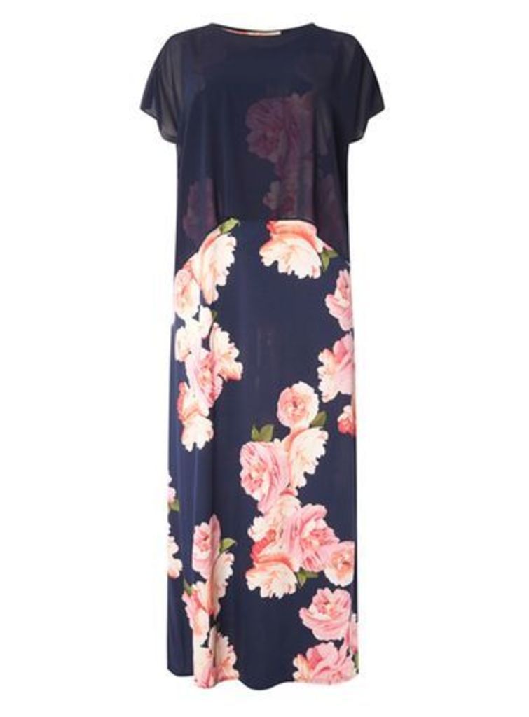Navy Blue Chiffon Floral Maxi Dress, Bright Multi