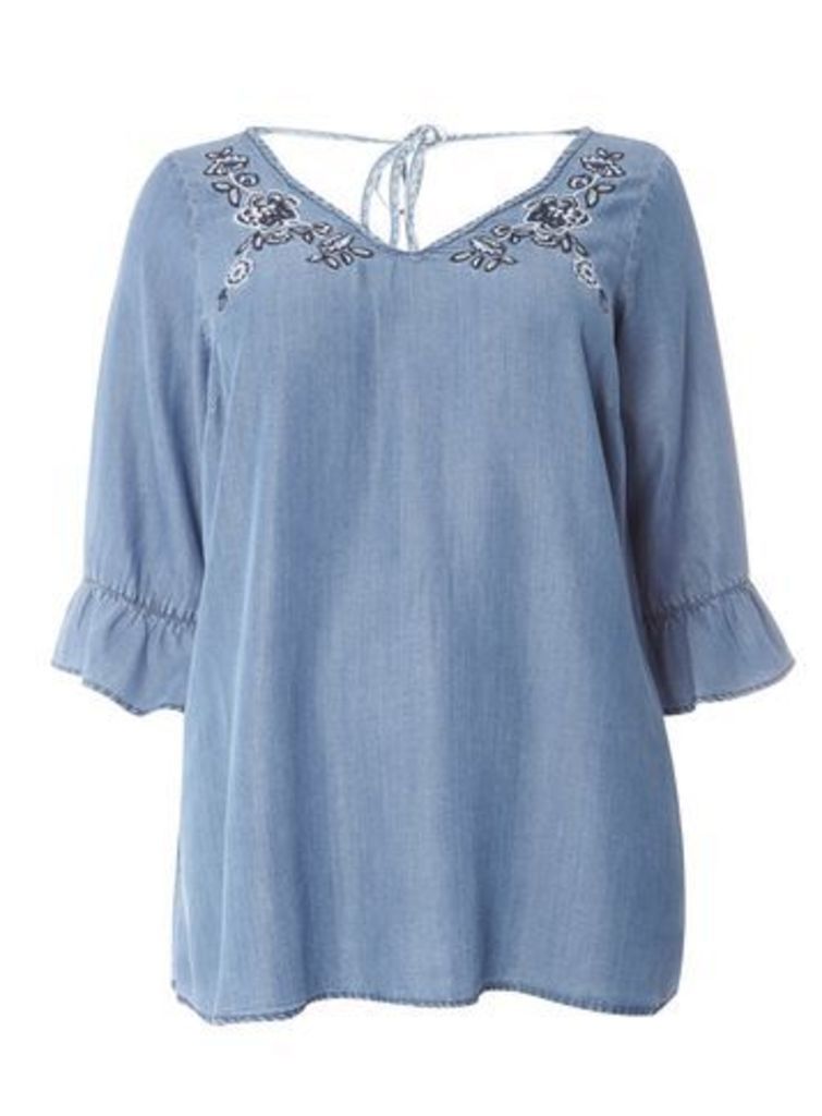 Navy Blue Embroidered Tencel Gypsy Top, Navy
