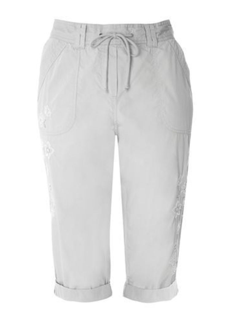Grey Cotton Embroidered Crop Trousers, Grey