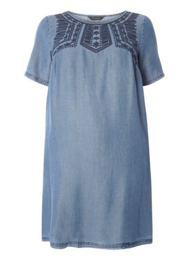 Blue Tencel Embroidered Tunic Dress, Blue