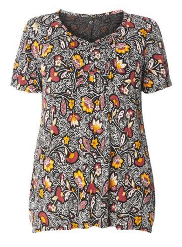 Multi Coloured Floral Pintuck Top, Black