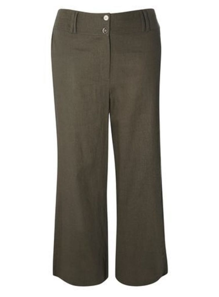 Khaki Green Linen Button Detail Wide Leg Trousers, Khaki