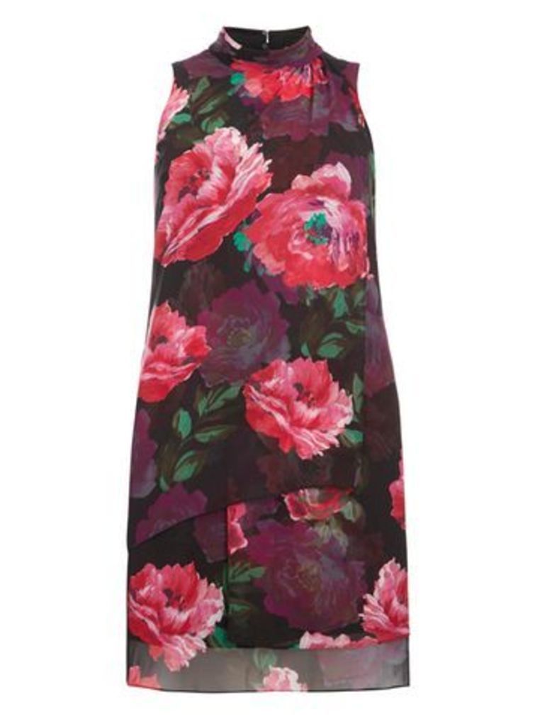 Black And Pink Floral Print Dress, Dark Multi