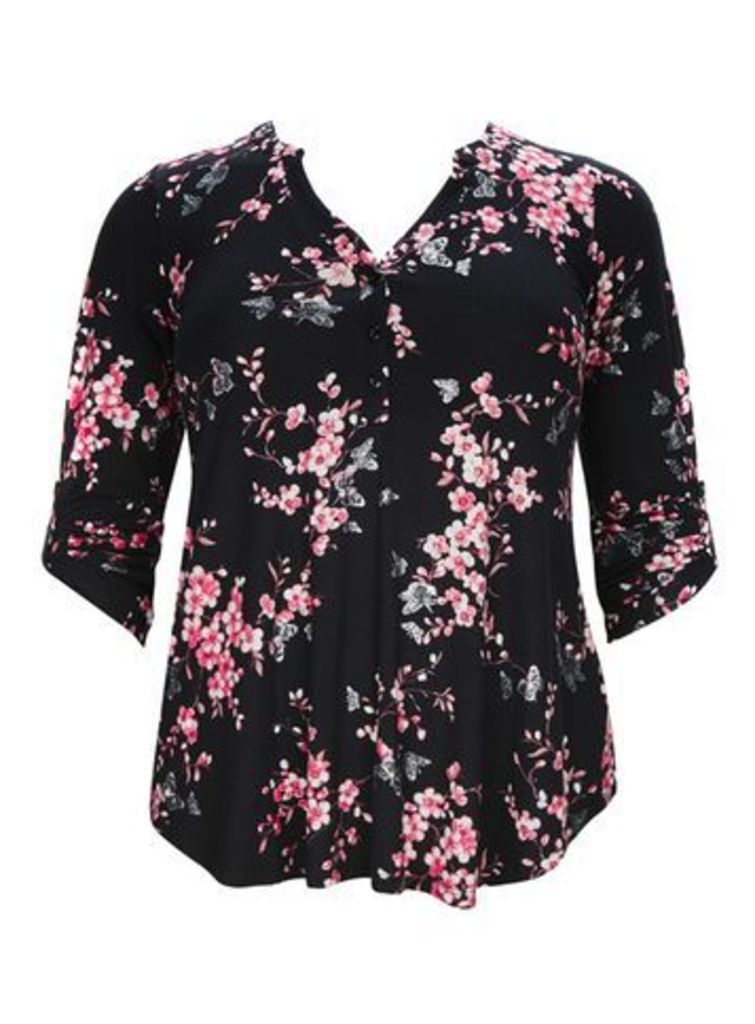 Black Butterfly and Floral Print Shirt, Ivory