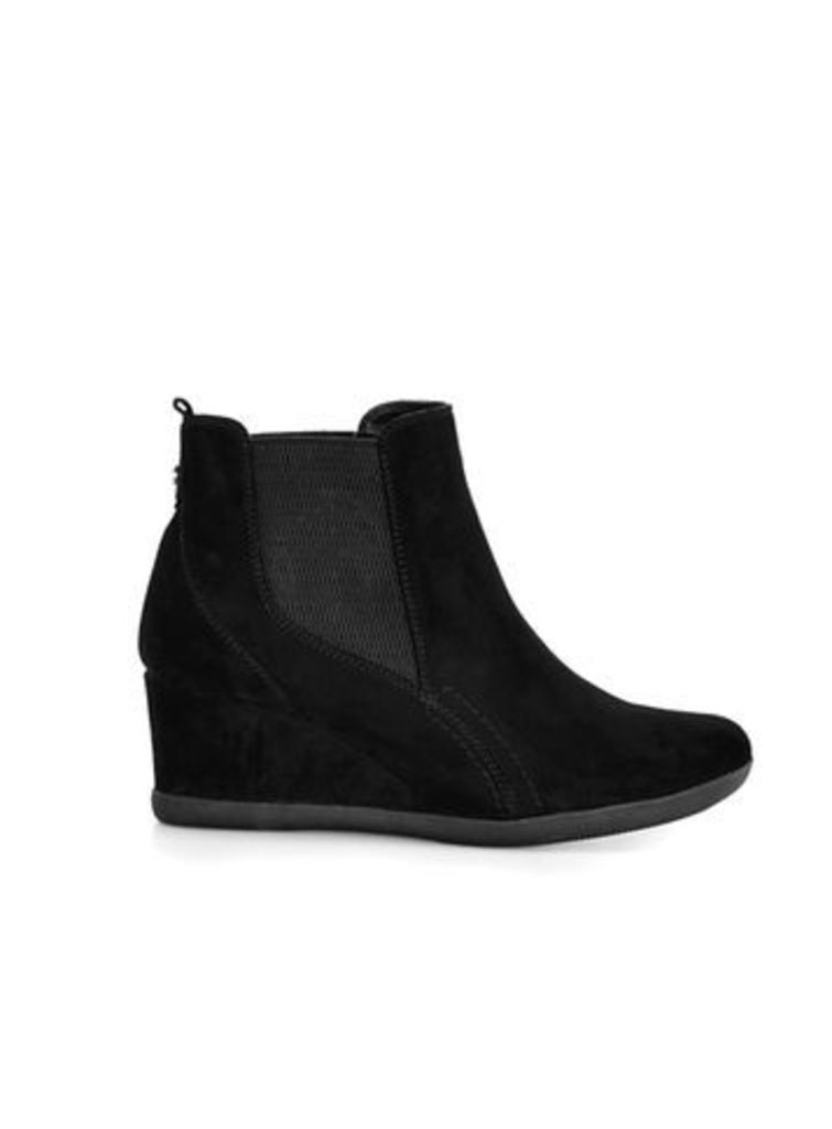 Black Elastic Wedge Ankle Boots, Black
