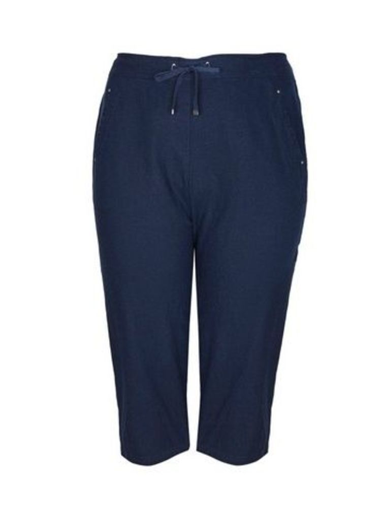 Navy Blue Linen Cropped Trousers, Navy
