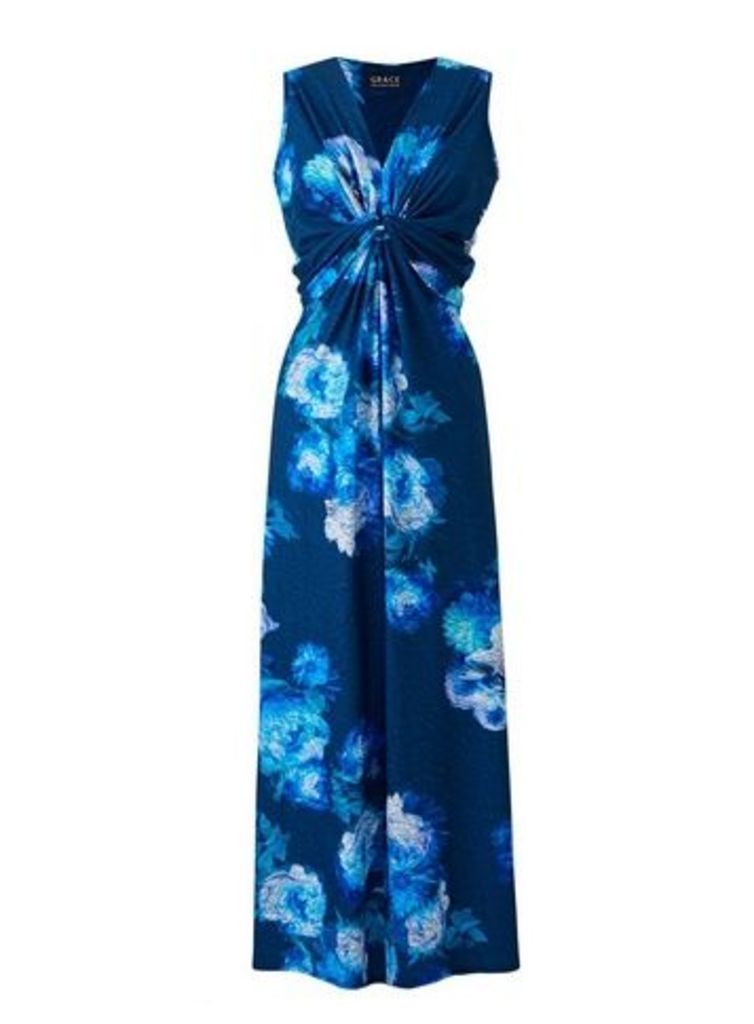 **Grace Blue Floral Print Maxi Dress, Blue