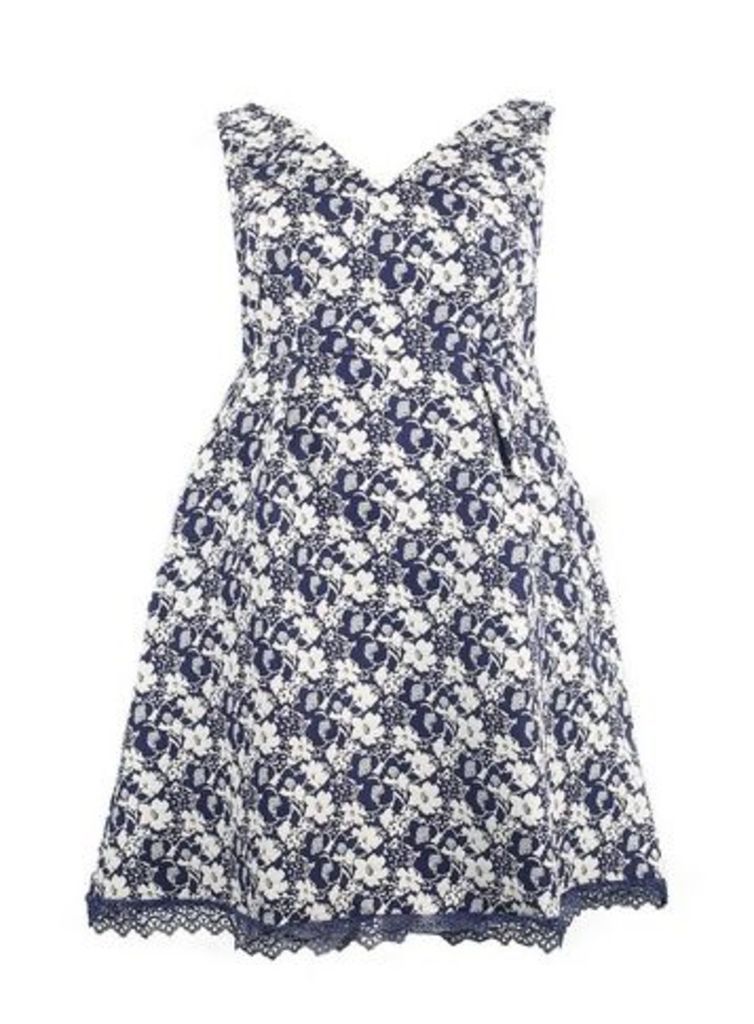 **Lovedrobe Blue Jacquard Skater Dress, Navy/White