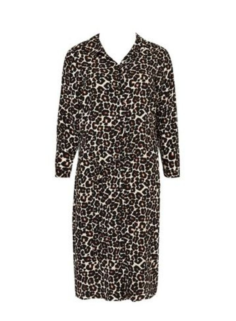 Black Leopard Print Shirt Dress, Beige/Natural