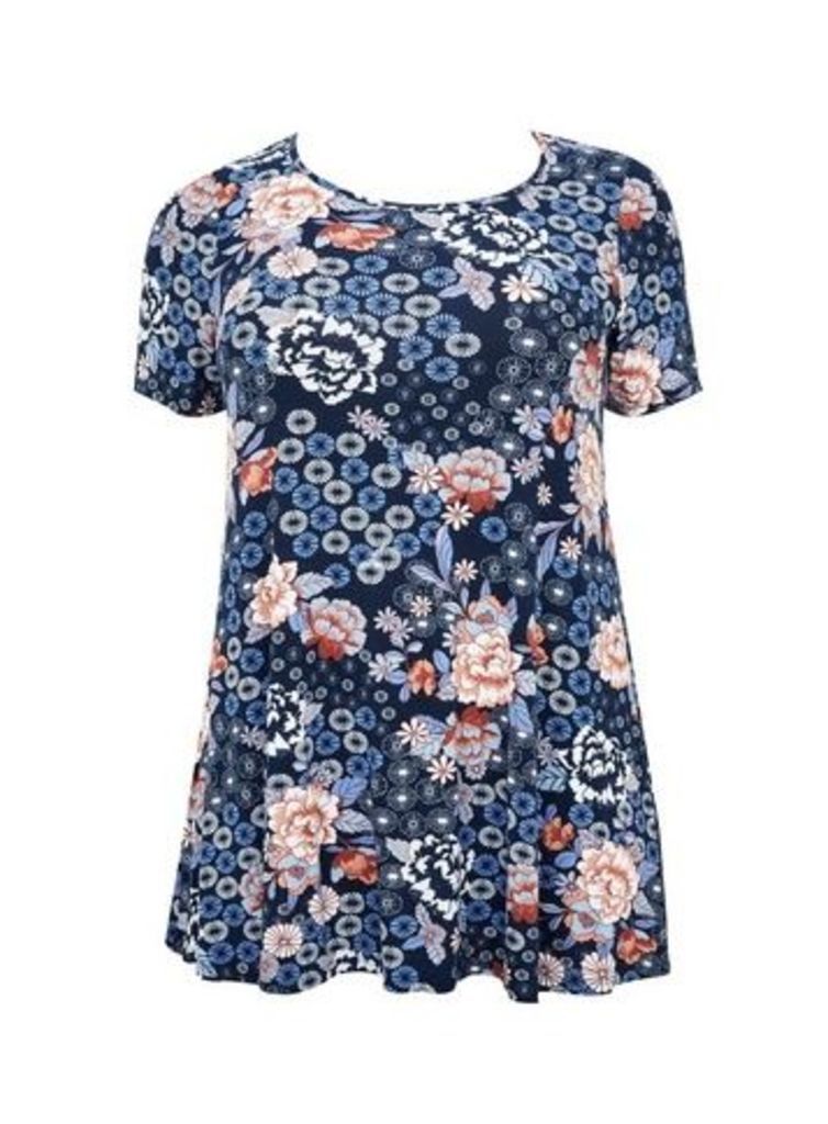 Navy Blue Floral Print Swing Tunic, Navy