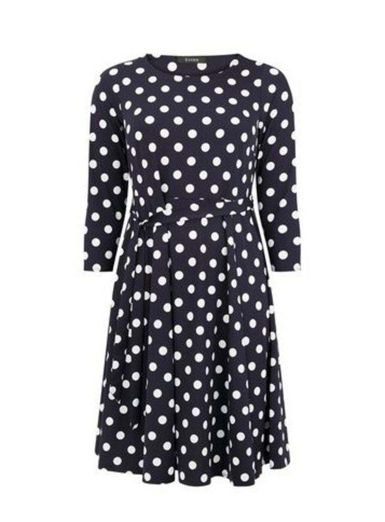 Navy Blue Spot Print Fit And Flare Dress, Navy
