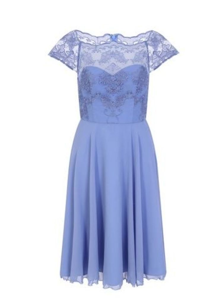 **Chi Chi London Blue Lace Skater Dress, Mid Blue