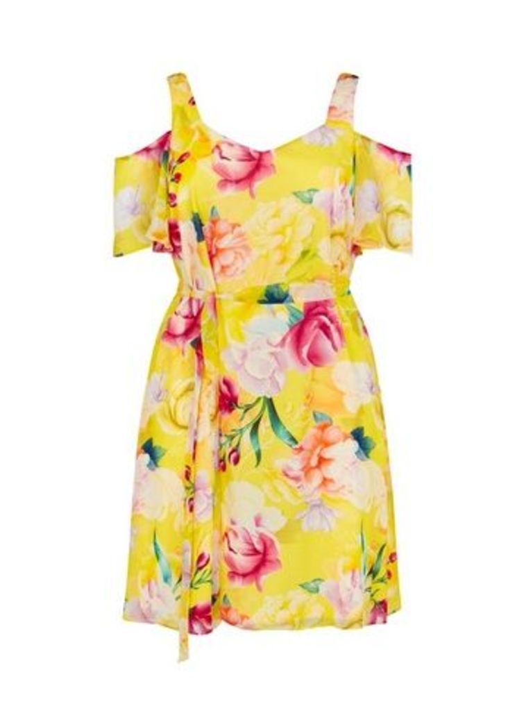 Yellow Floral Print Cold Shoulder Dress, Bright Multi