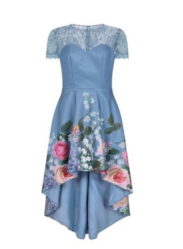 **Chi Chi London Blue Floral Dip Hem Dress, Mid Blue