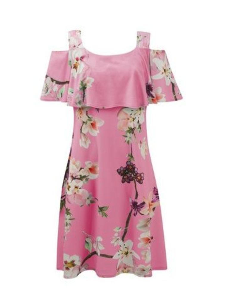 **Grace Pink Cold Shoulder Floral Print Dress, Pink