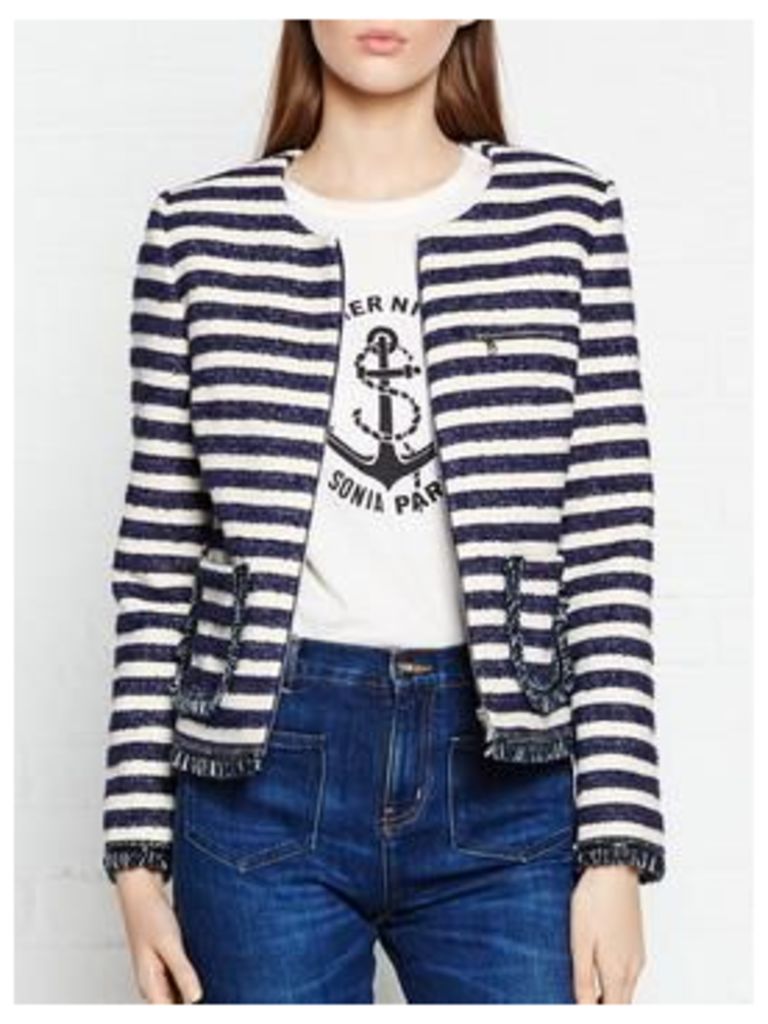 SONIA BY SONIA RYKIEL Fringed And Striped Tweed Box Jacket - Navy/White, Size Fr 42 = Uk 14