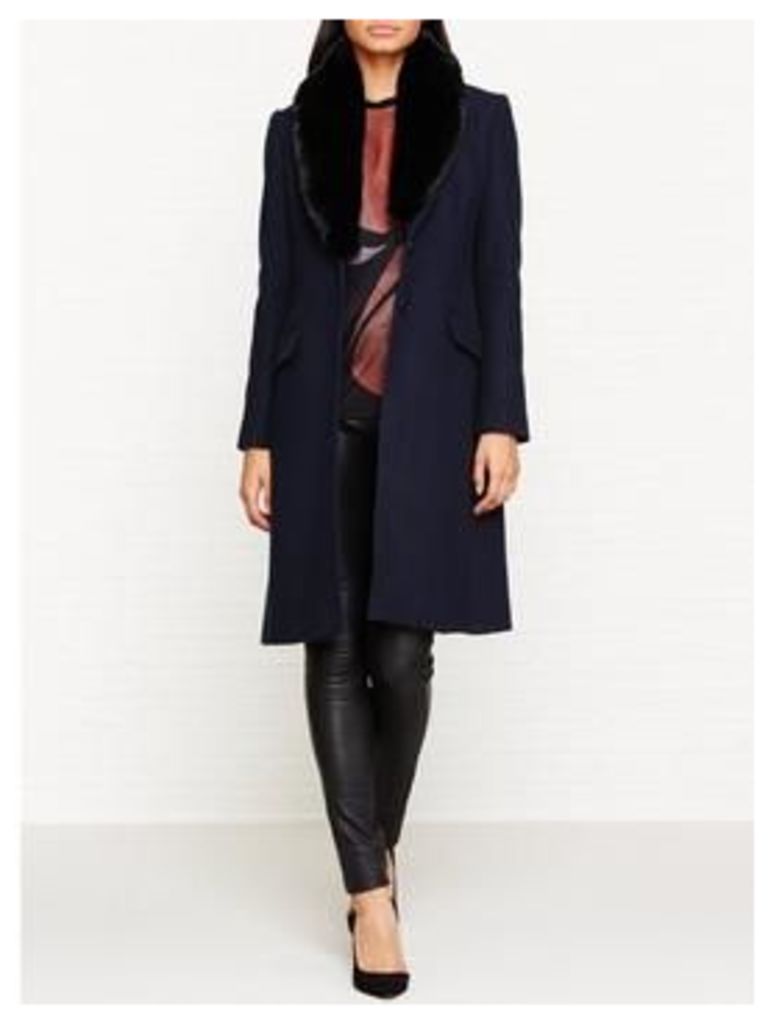 JIGSAW Modern Wool Faux Fur Collar Coat - Navy, Size 16