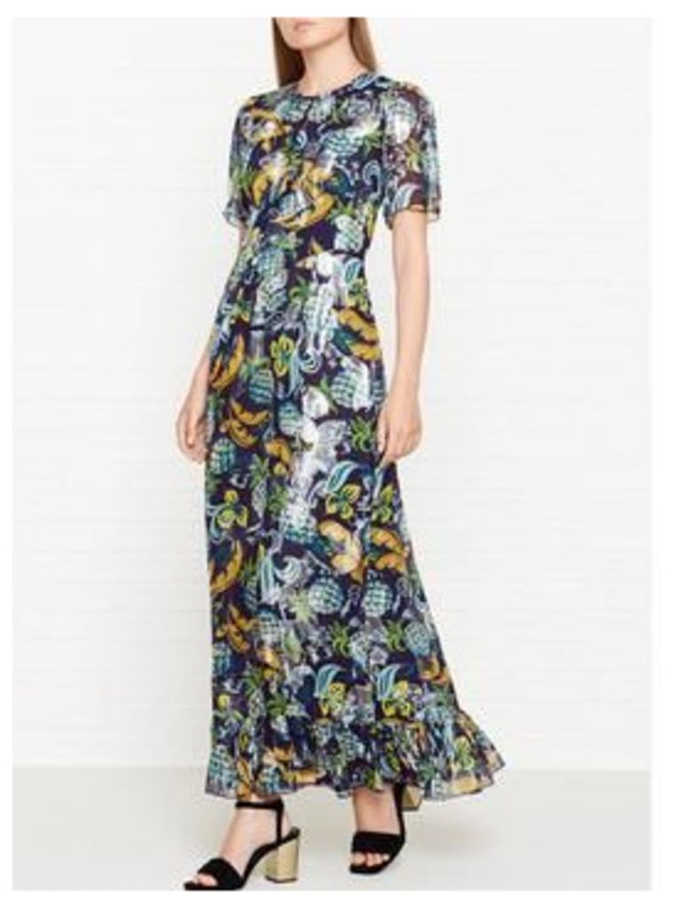Anna Sui Pineapple Print Crepe And Metallic Jacquard Maxi Dress - Navy