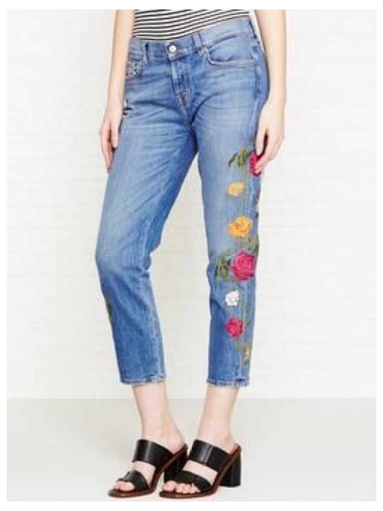 7 For All Mankind Josefina Crop Floral Embroidered Girlfriend Jeans - Blue