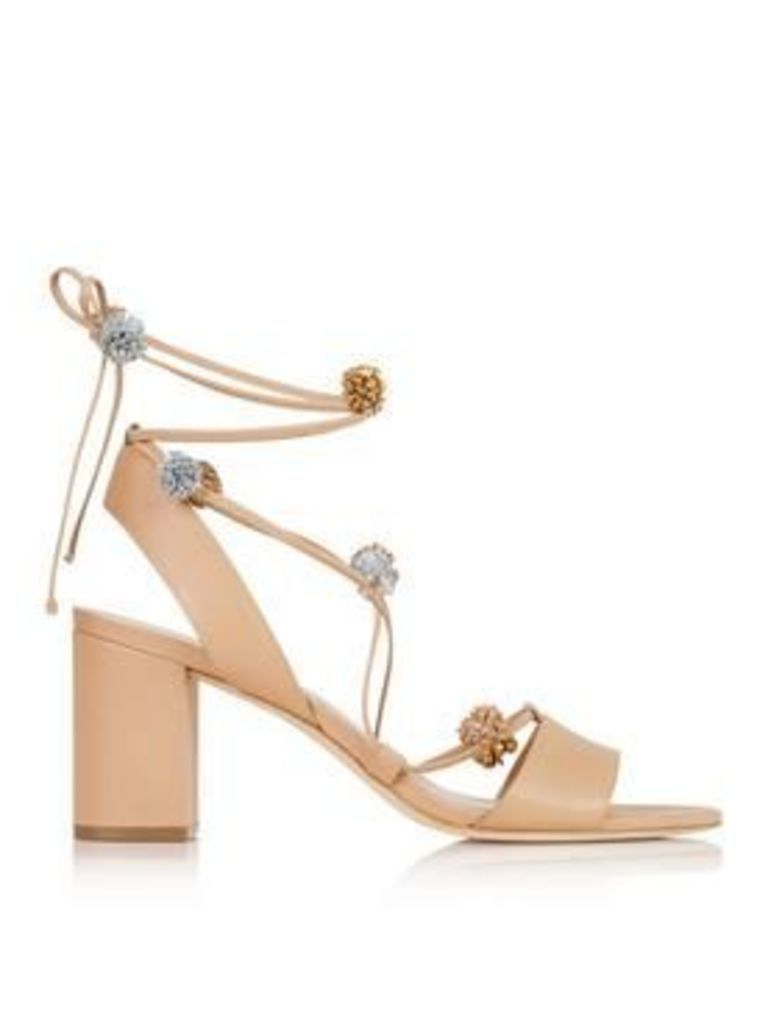 Loeffler Randall Bea Leather Lace-Up Pom Pom Sandals - Nude