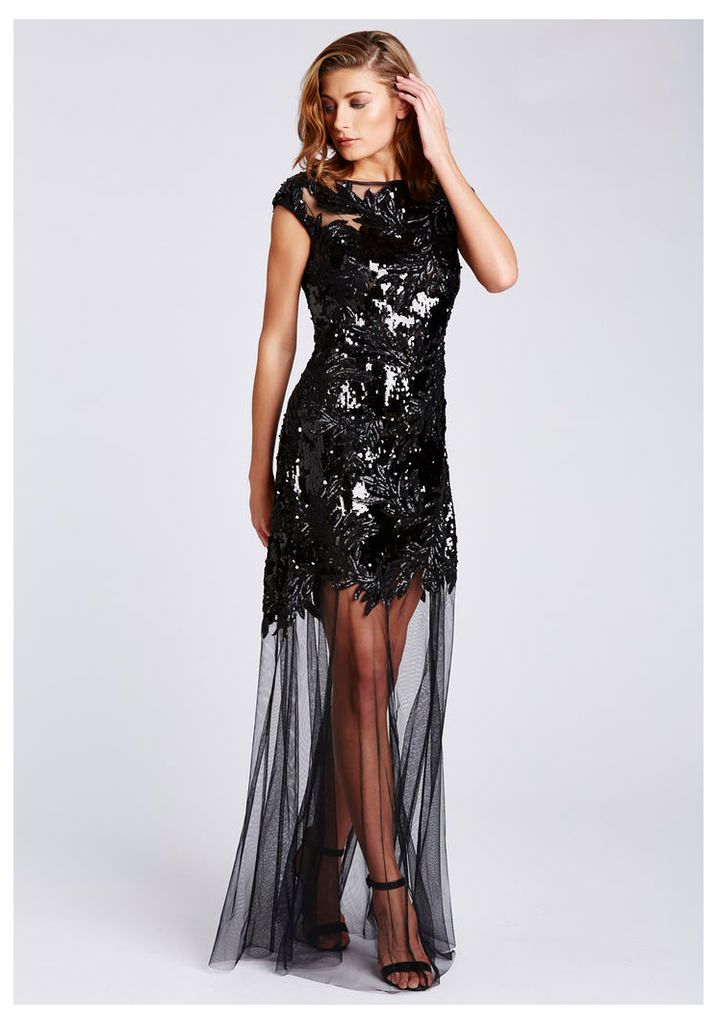 D.Anna Sequin Embellished Maxi Dress With Sheer Fishtail Hem in Black