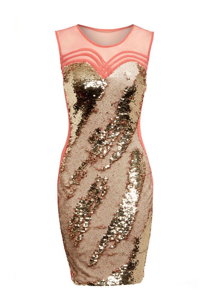 Explosion London Gold Embellished Bodycon Dress in Coral