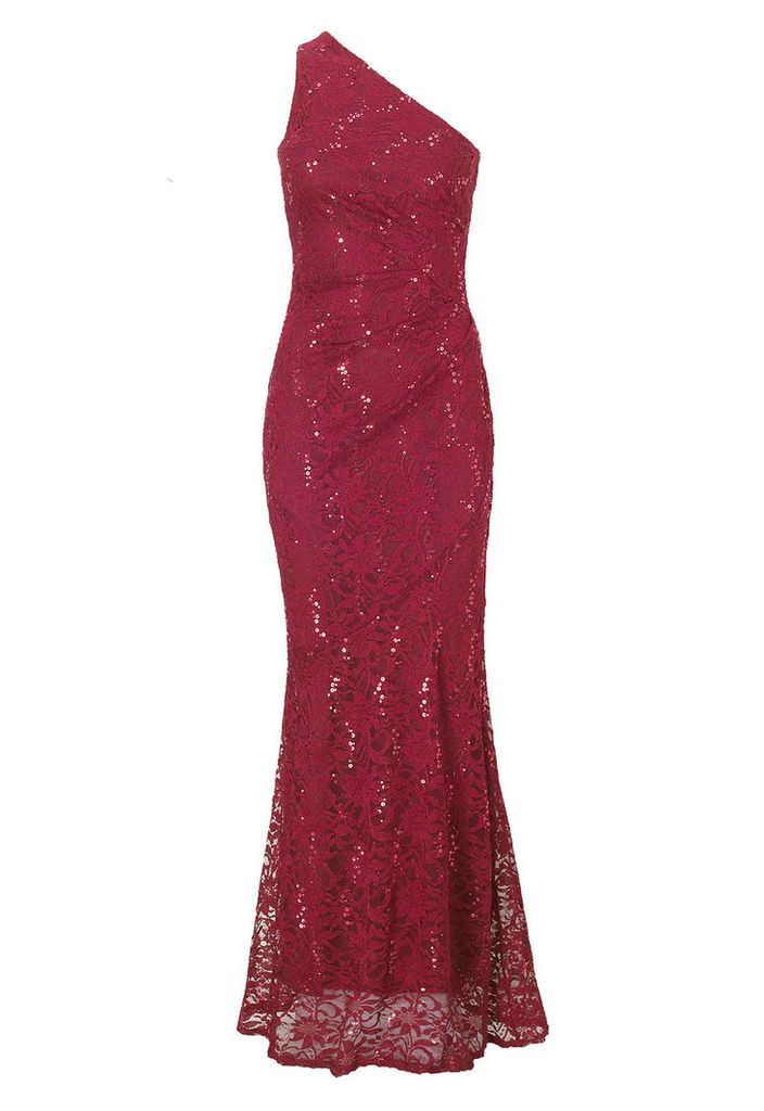 Sistaglam by Lipstick Boutique Alison Embellished Lace One Shoulder Maxi Dress in Berry