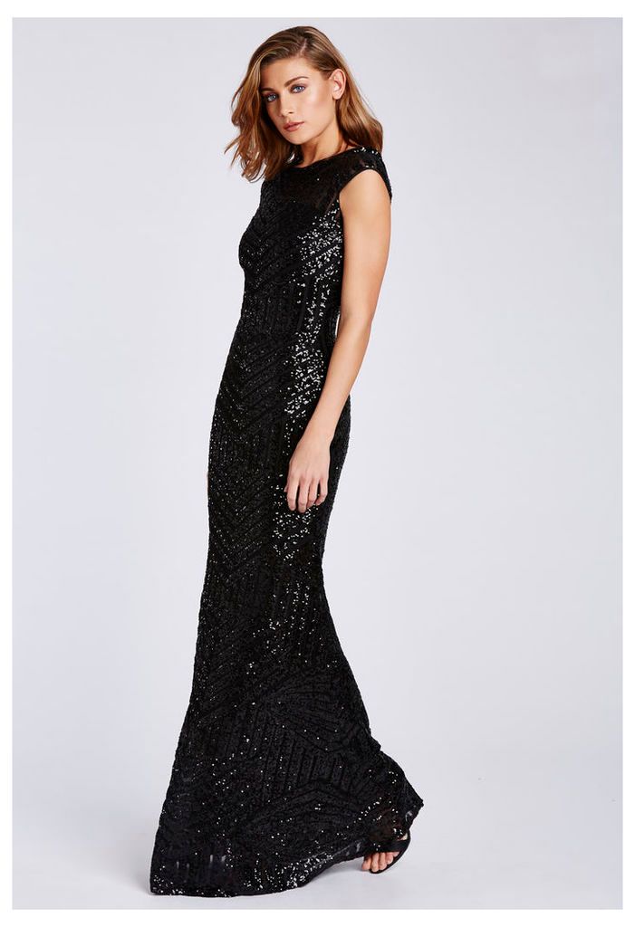 D.Anna Black Sequin Embellished Maxi Dress With Capped Sleeves