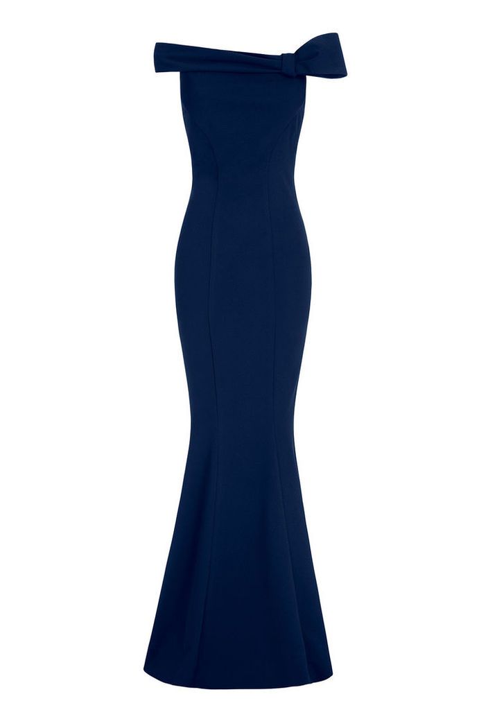 Goddiva Bow Detail Bardot Fishtail Navy Maxi Dress