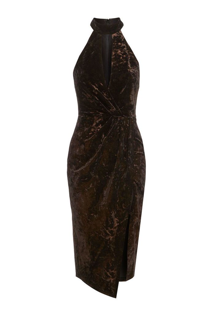 Alesha Dixon Metallic Shimmer Crushed Velvet Halter Wrap Dress