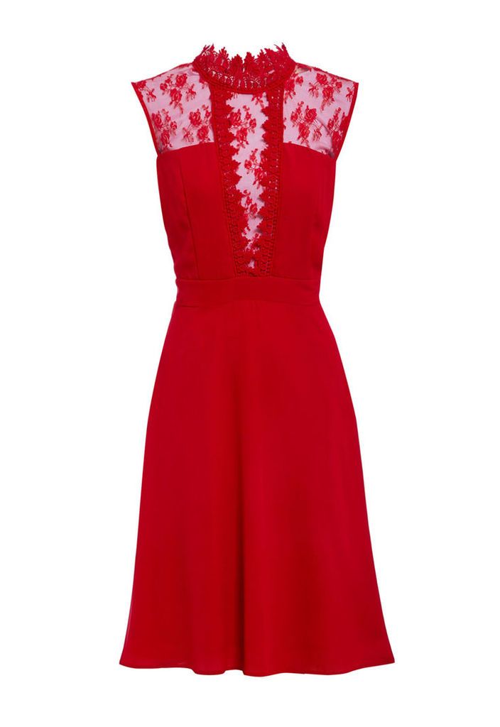 Elise Ryan High Neck Lace Skater Dress in Red
