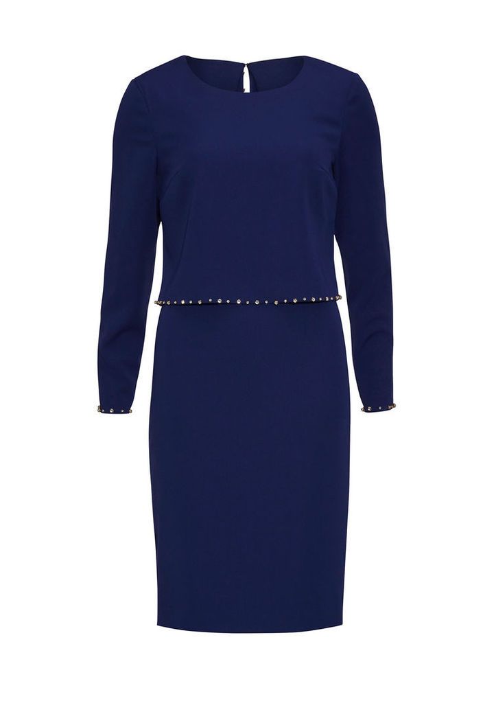 Gina Bacconi Long Sleeved Crepe Dress with Jewel Embellishment in Blue