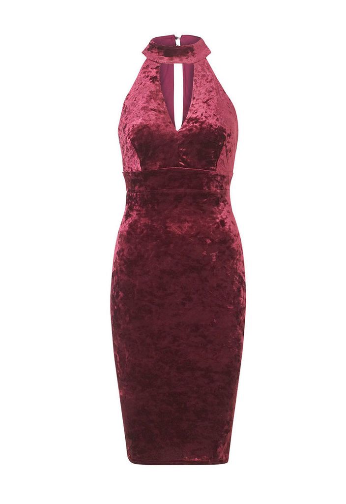 Sistaglam by Lipstick Boutique Roxanne Velvet High Neck Bodycon Dress in Berry