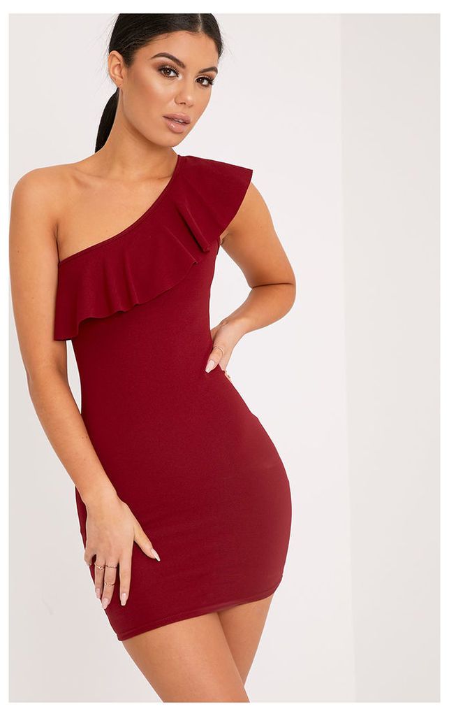 Fedrika Burgundy One Shoulder Frill Detail Bodycon Dress, Red