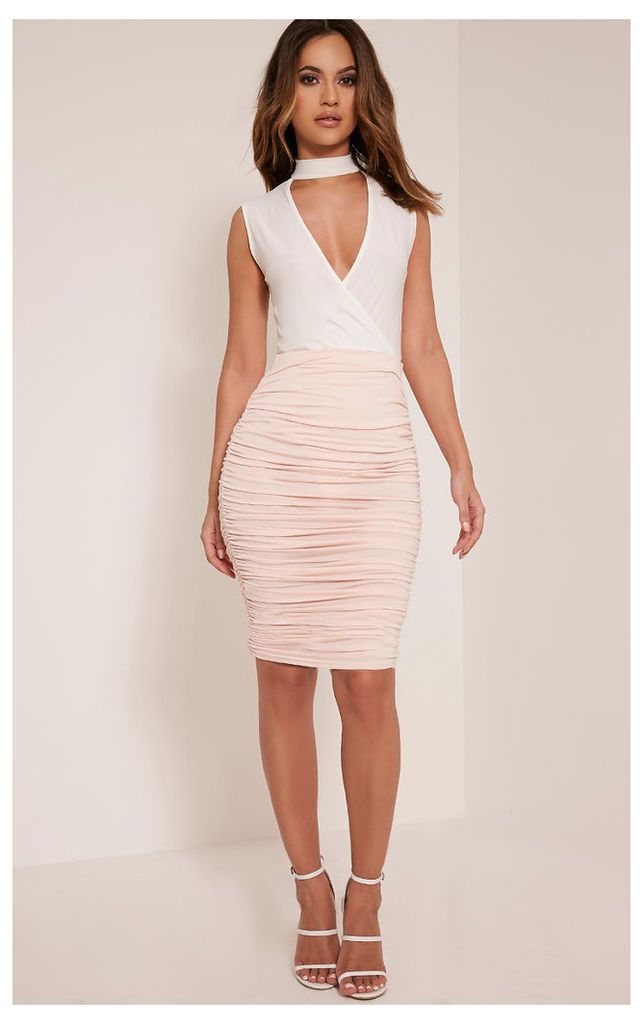 Katerina Nude Ruched Side Midi Skirt, Pink