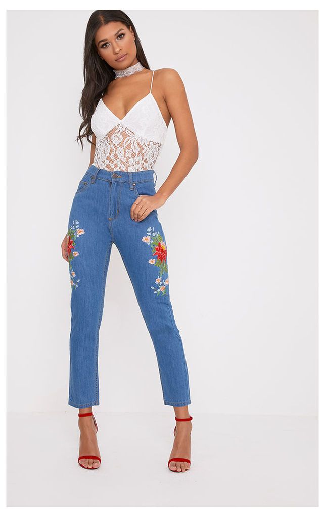 Mid Wash Floral Embroidered Slim Mom Fit Jean, Mid Blue Wash