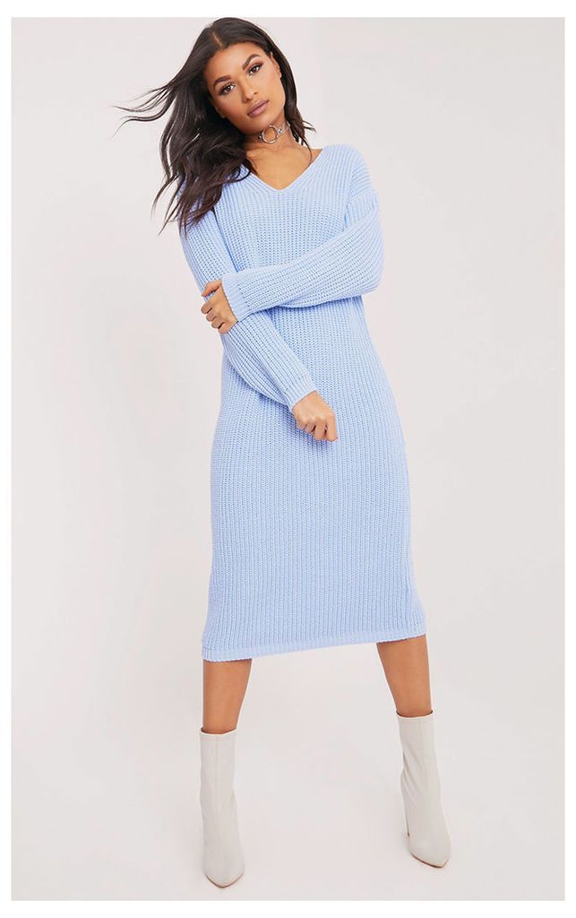 Breeze Blue V Neck Oversized Knitted Dress, Blue