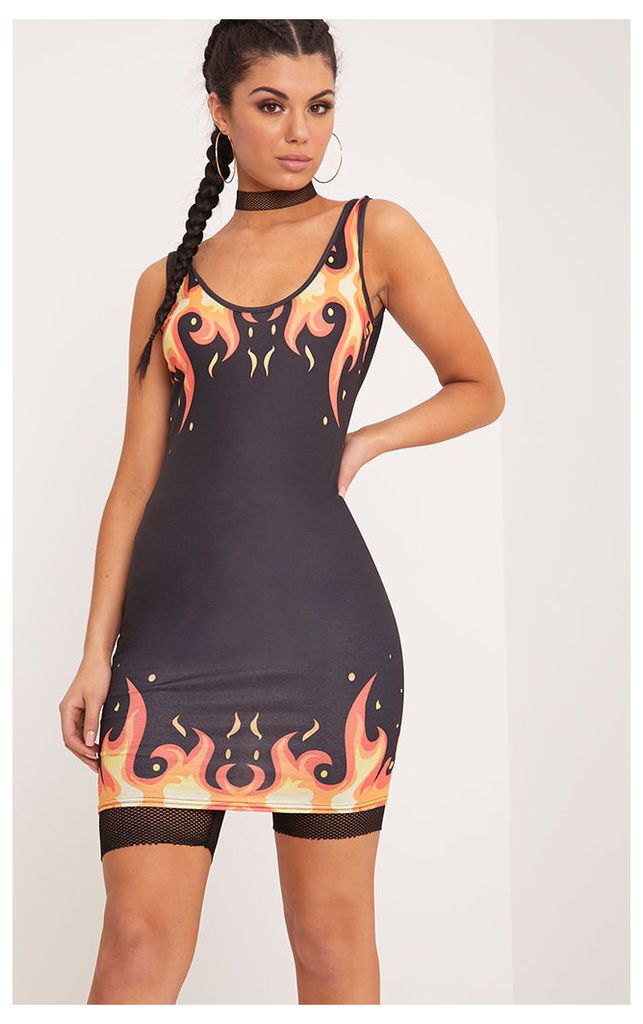 Flame Print Black Scoop Back Bodycon Dress