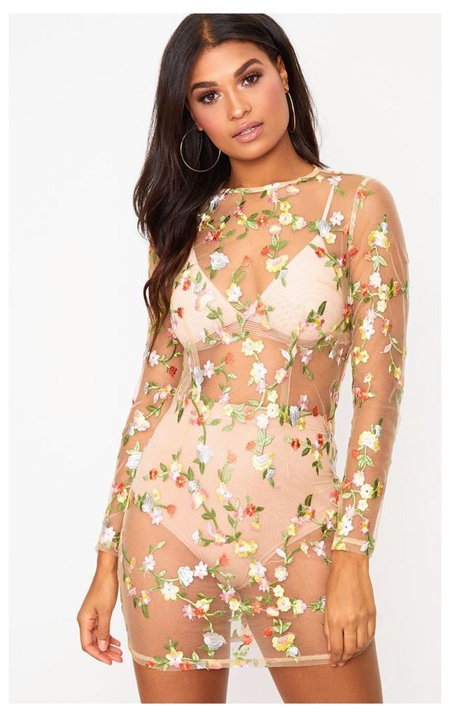 Nude Floral Embroidered Sheer Lace Bodycon Dress, Pink